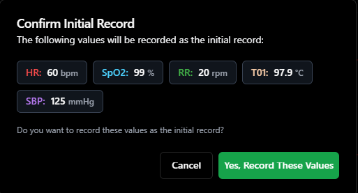 Med.Live Initial Record confirmation dialog with captured vital signs