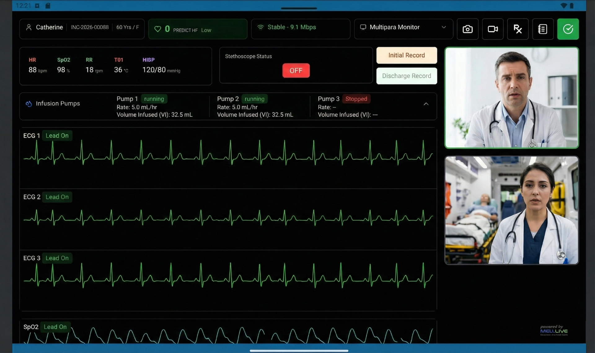 Med.Live Waveform & Vitals Monitoring Dashboard with ECG, SpO2, infusion pumps, and teleconsultation