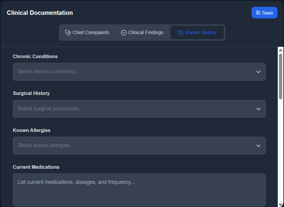 Clinical Documentation — Known History with chronic conditions, surgical history, and allergies