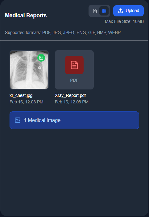 Medical Reports panel with X-ray images and PDF uploads