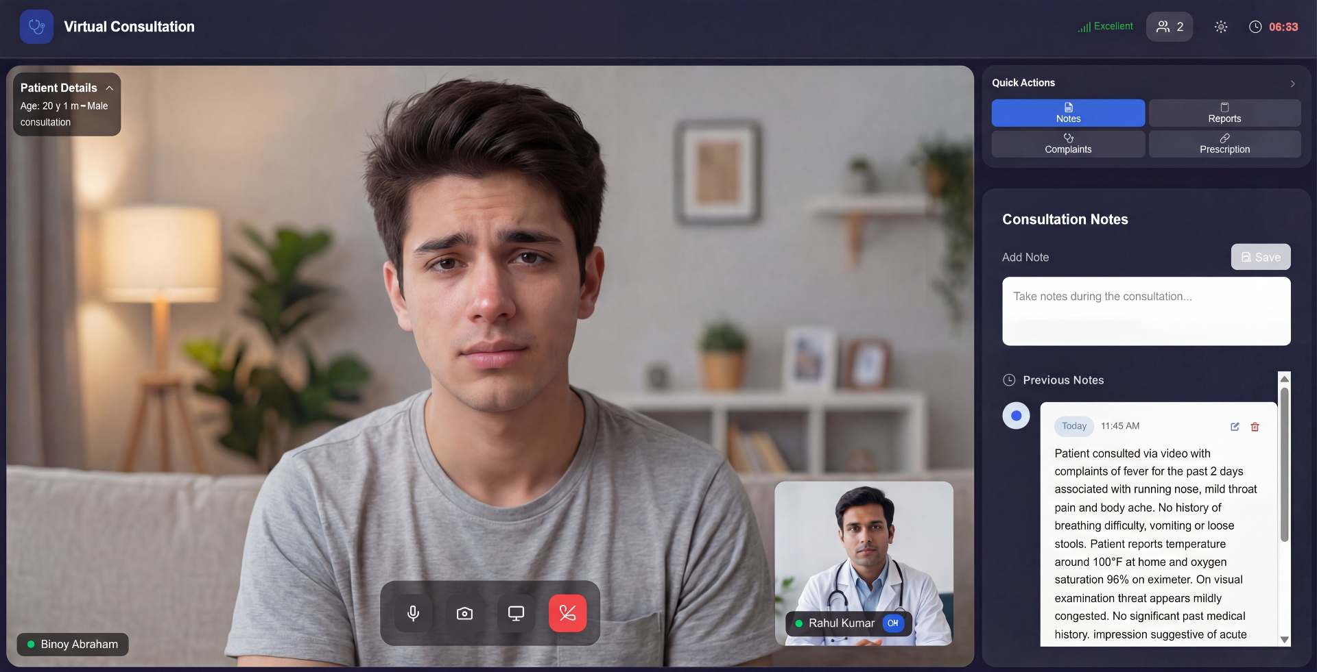 Med.Live Virtual Consultation with video call, quick actions, and consultation notes